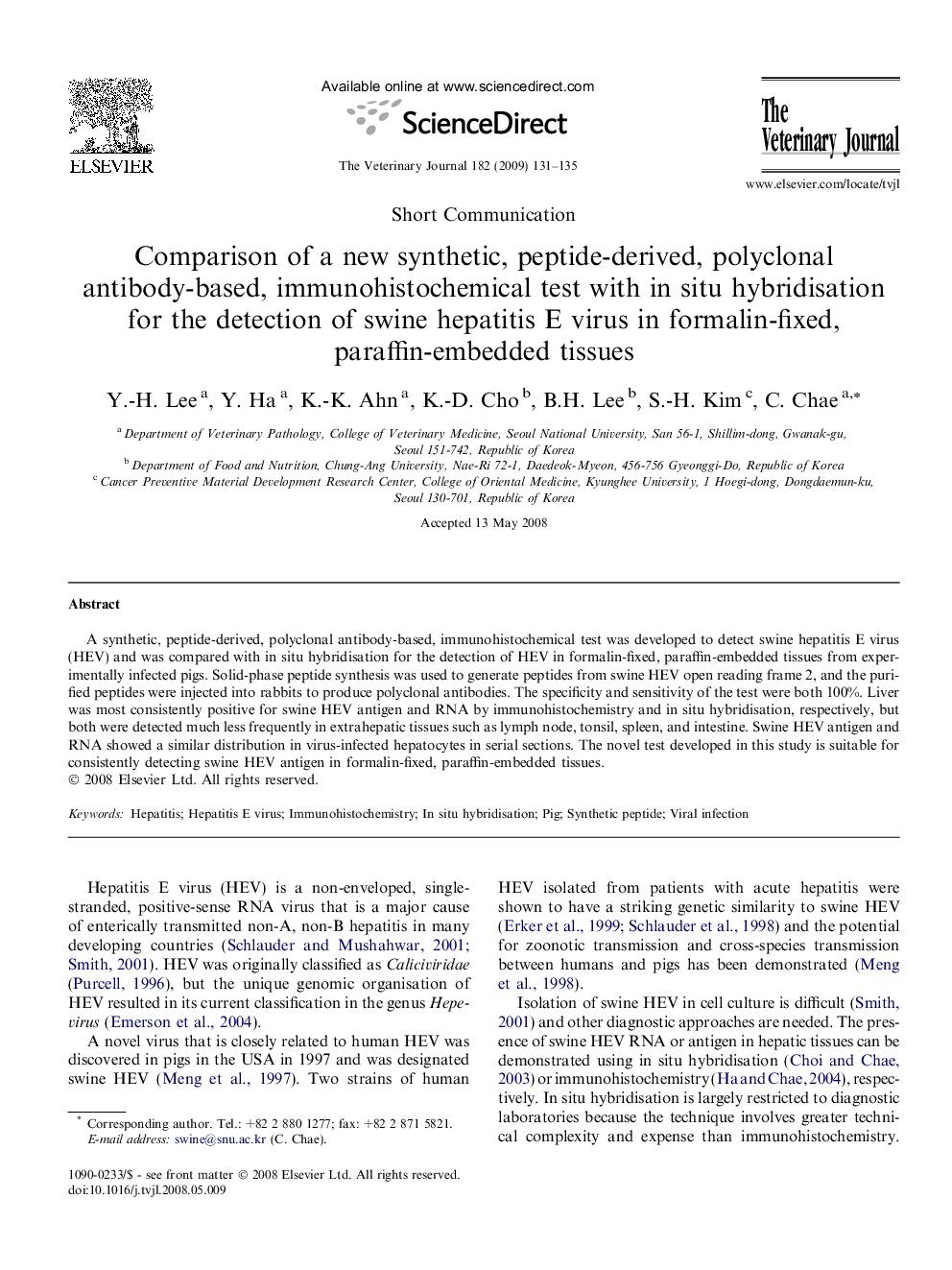 Comparison of a new synthetic, peptide-derived, polyclonal antibody-based, immunohistochemical test with in situ hybridisation for the detection of swine hepatitis E virus in formalin-fixed, paraffin-embedded tissues