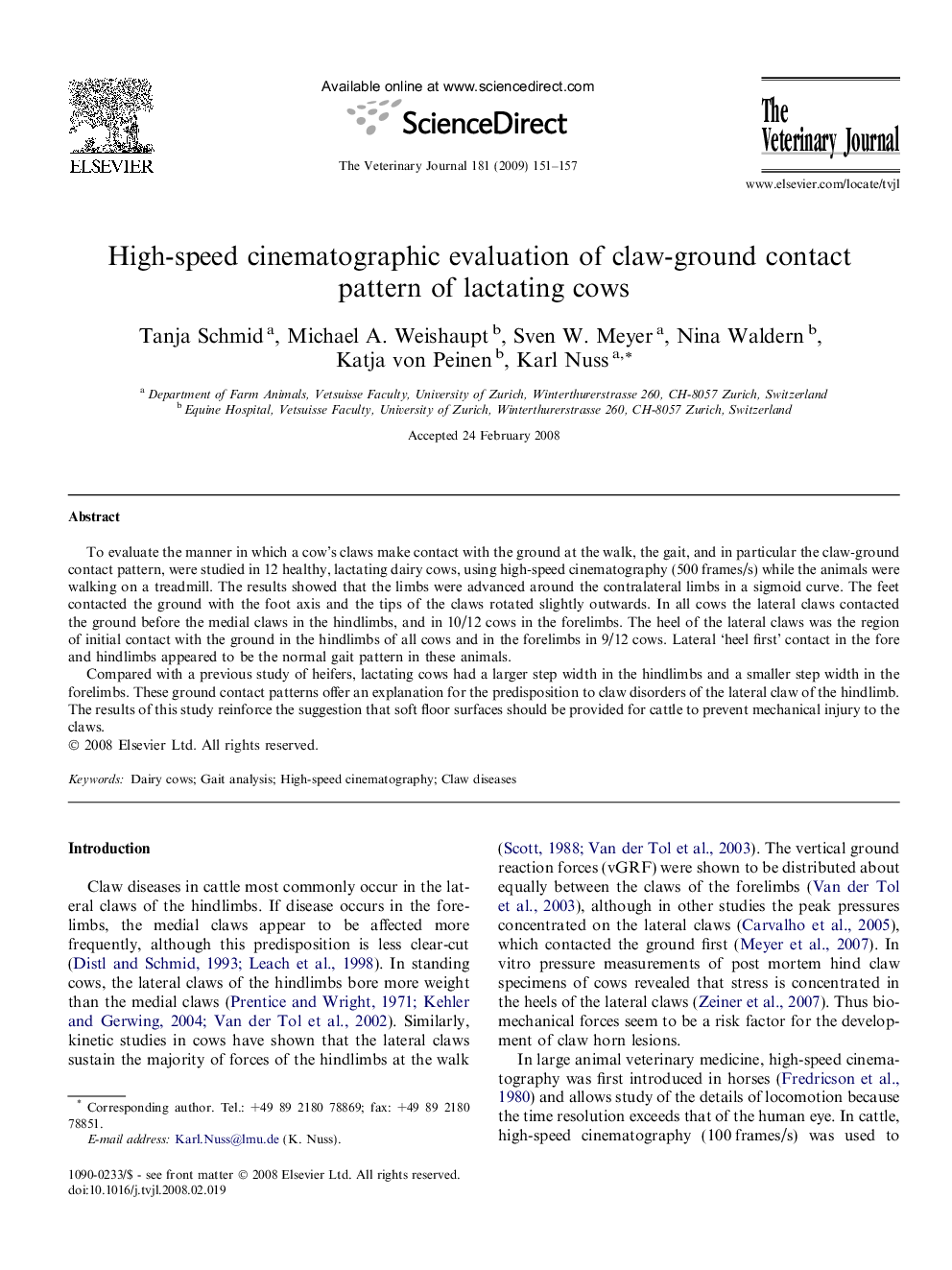 High-speed cinematographic evaluation of claw-ground contact pattern of lactating cows