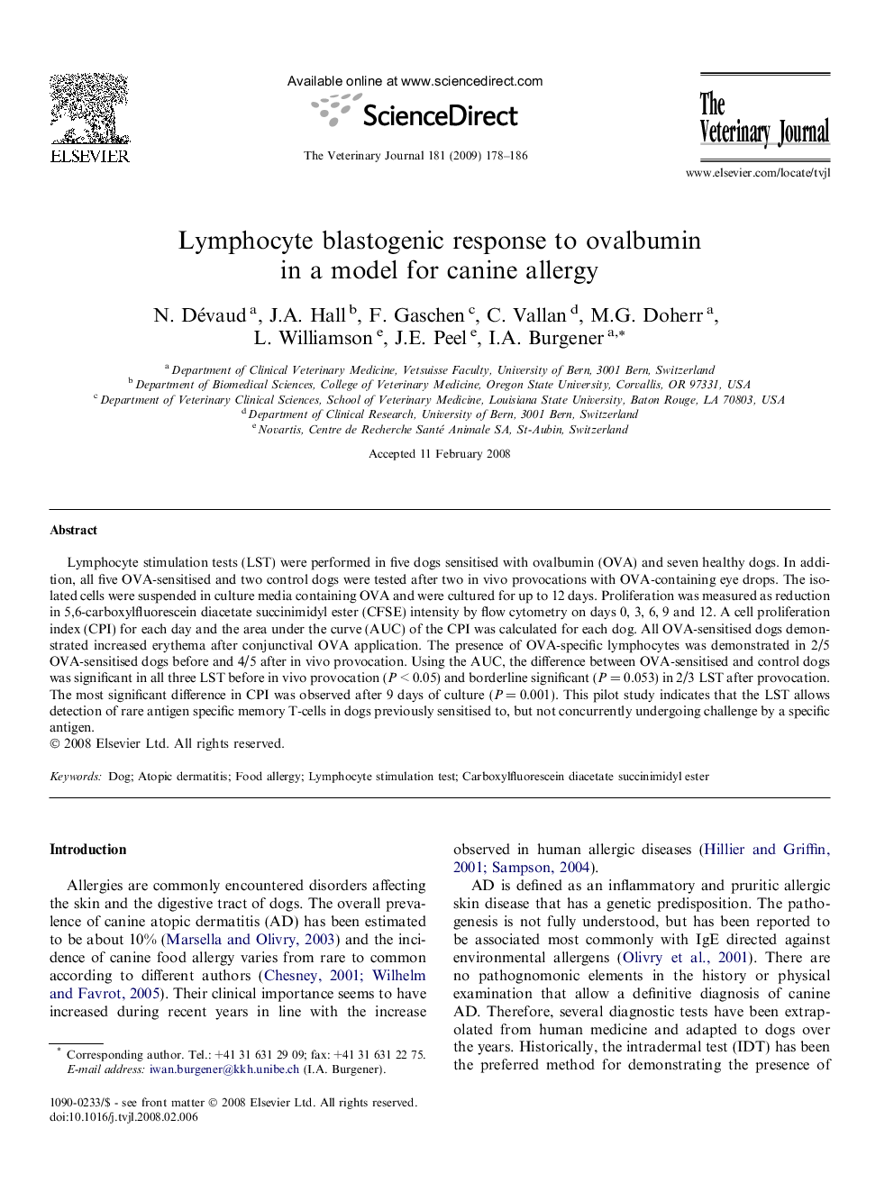 Lymphocyte blastogenic response to ovalbumin in a model for canine allergy