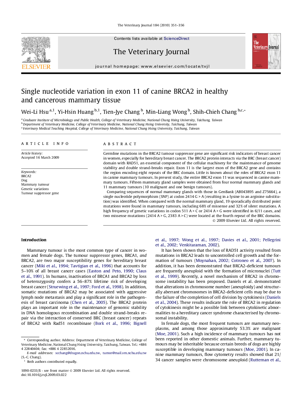 Single nucleotide variation in exon 11 of canine BRCA2 in healthy and cancerous mammary tissue