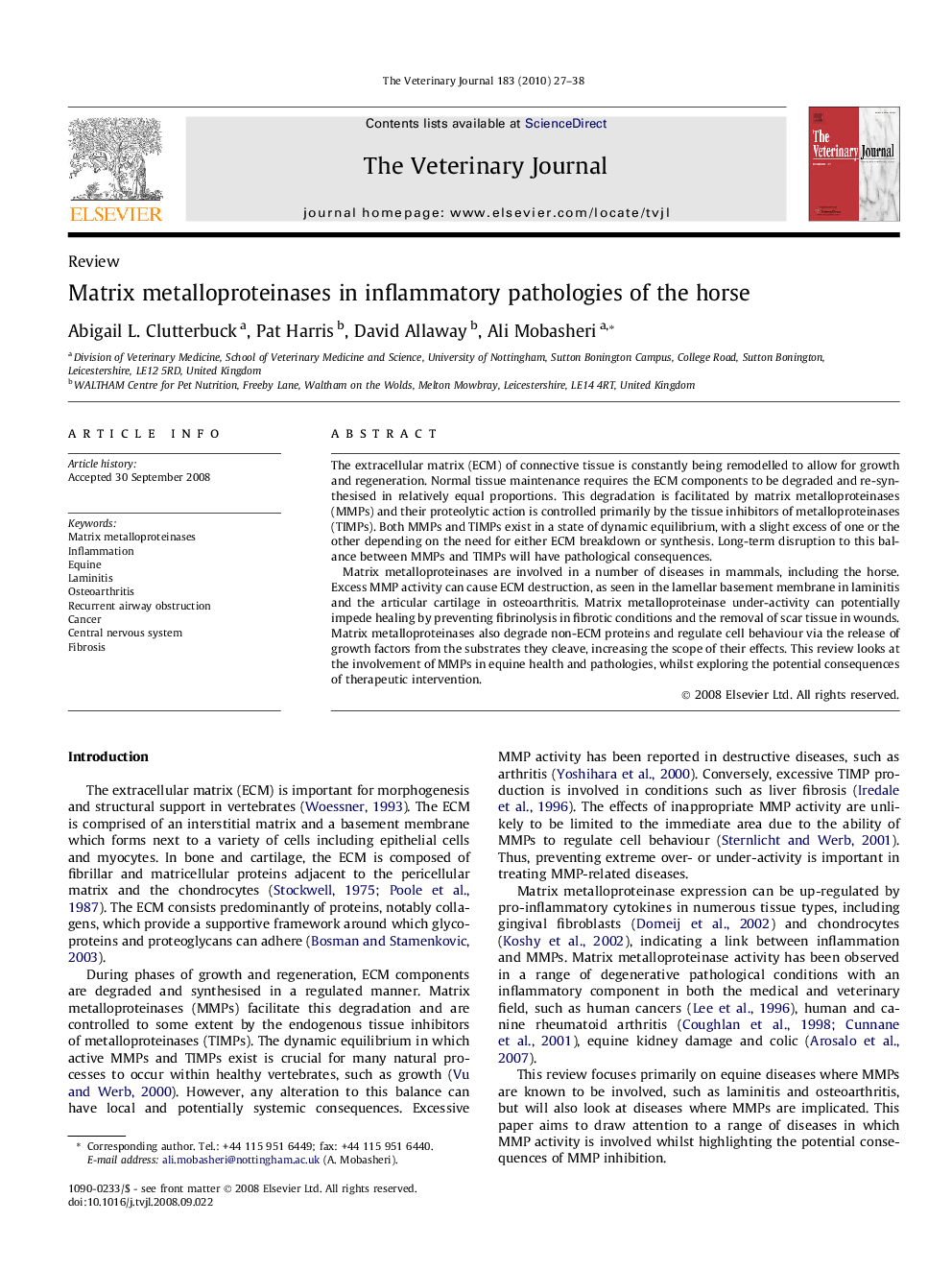 Matrix metalloproteinases in inflammatory pathologies of the horse