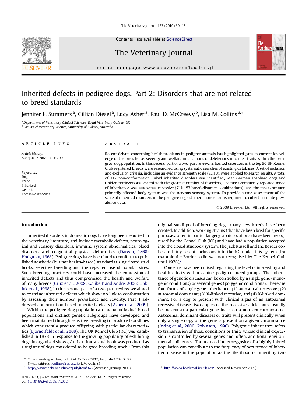 Inherited defects in pedigree dogs. Part 2: Disorders that are not related to breed standards