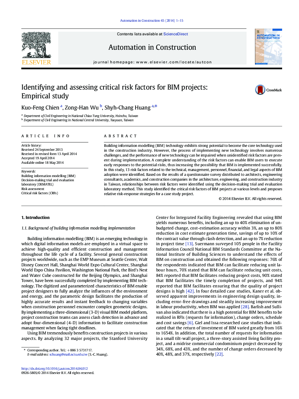 Identifying and assessing critical risk factors for BIM projects: Empirical study