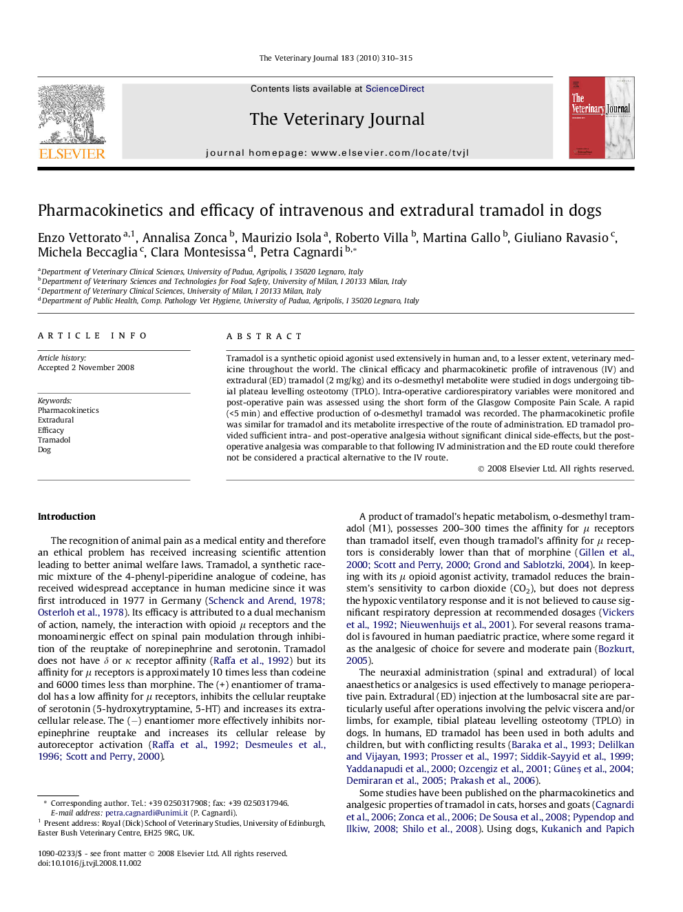 Pharmacokinetics and efficacy of intravenous and extradural tramadol in dogs