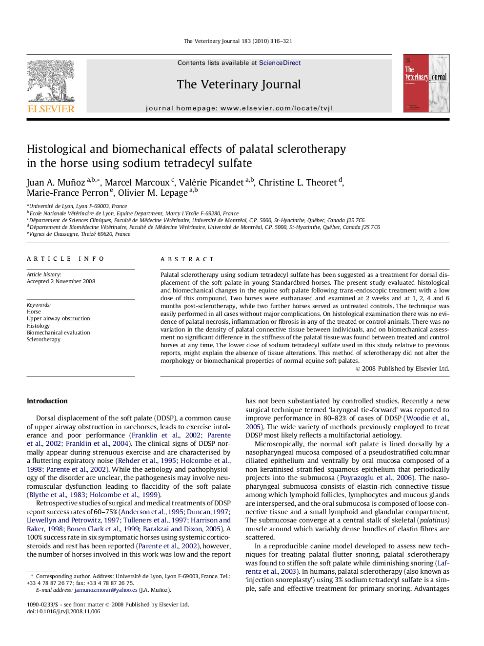 Histological and biomechanical effects of palatal sclerotherapy in the horse using sodium tetradecyl sulfate