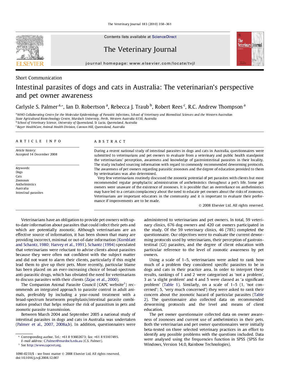 Intestinal parasites of dogs and cats in Australia: The veterinarian’s perspective and pet owner awareness