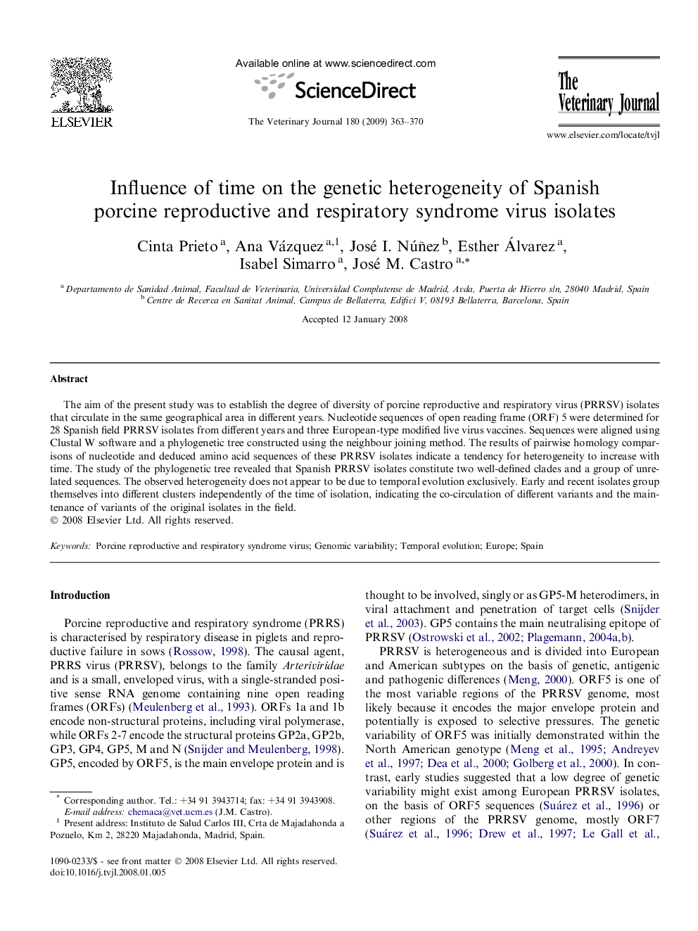 Influence of time on the genetic heterogeneity of Spanish porcine reproductive and respiratory syndrome virus isolates