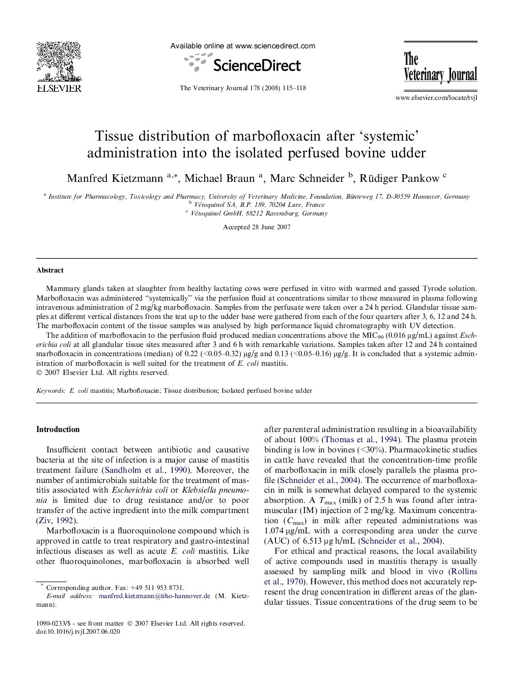 Tissue distribution of marbofloxacin after ‘systemic’ administration into the isolated perfused bovine udder