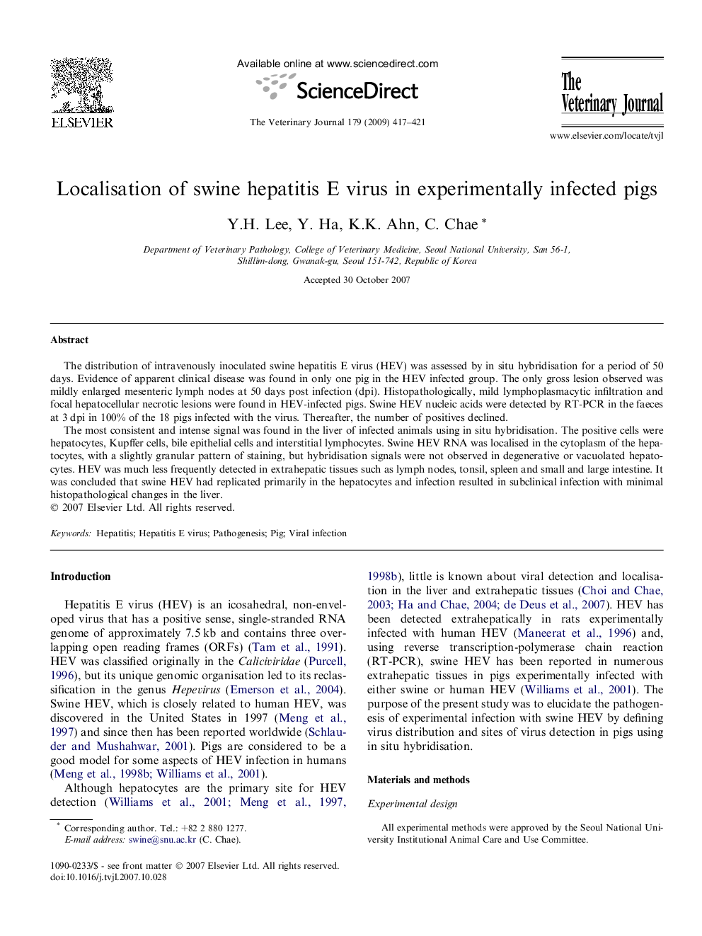 Localisation of swine hepatitis E virus in experimentally infected pigs