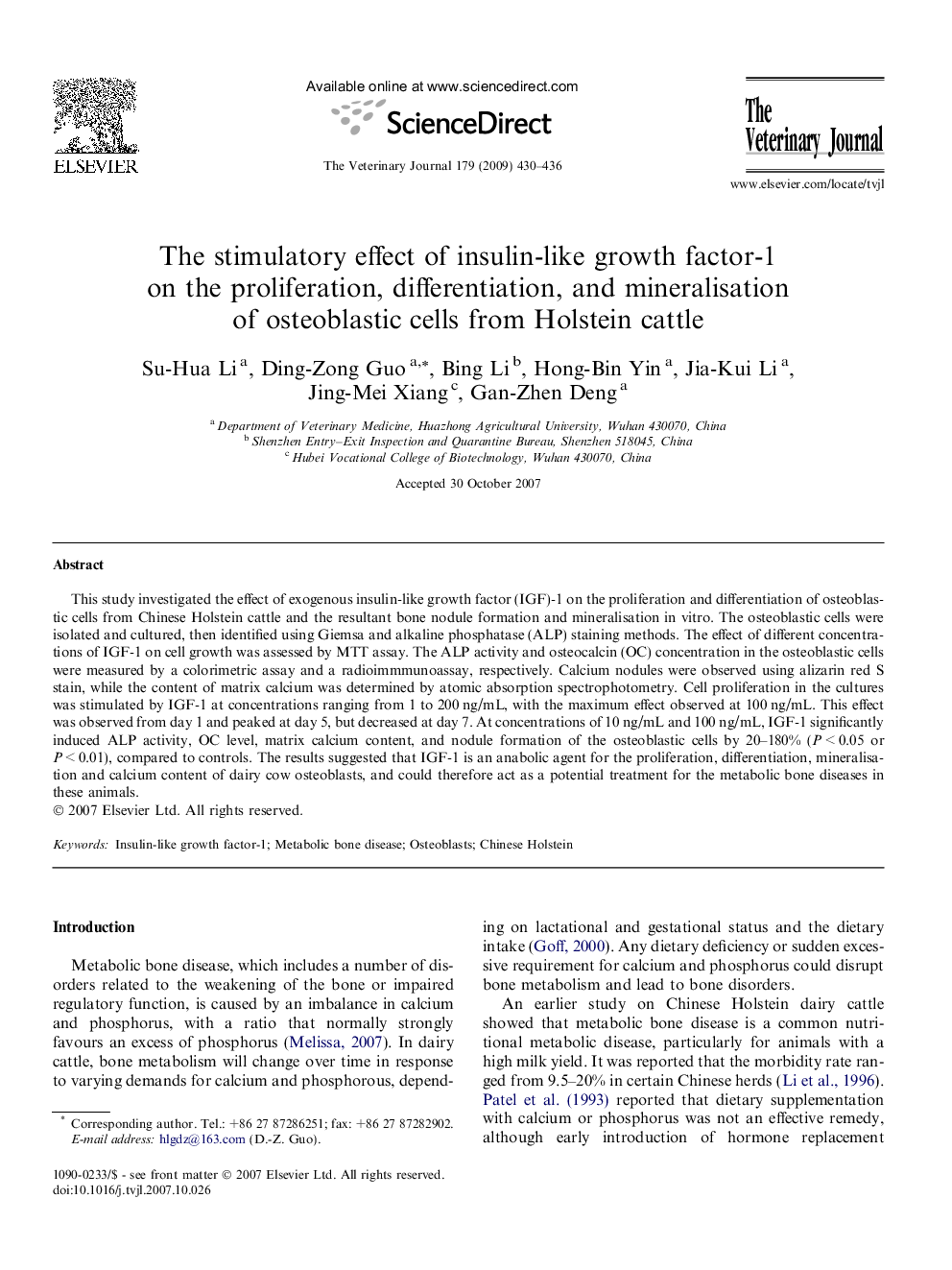 The stimulatory effect of insulin-like growth factor-1 on the proliferation, differentiation, and mineralisation of osteoblastic cells from Holstein cattle