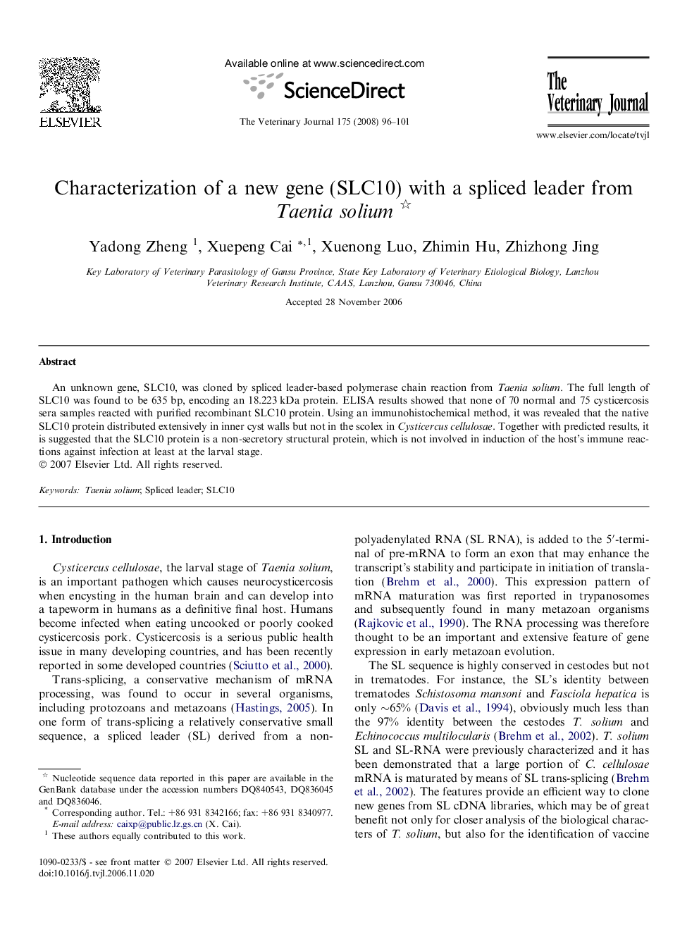 Characterization of a new gene (SLC10) with a spliced leader from Taenia solium 