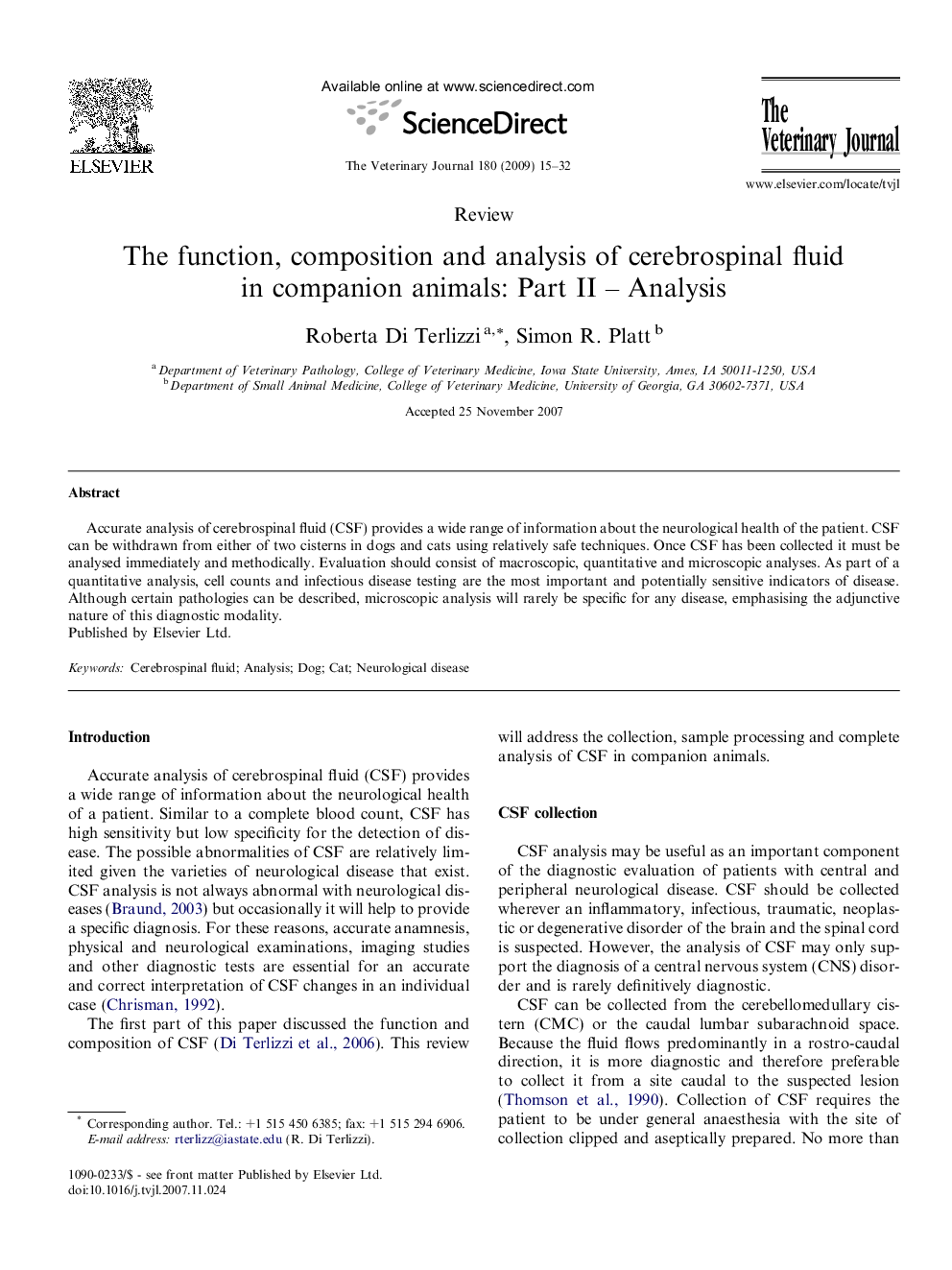 The function, composition and analysis of cerebrospinal fluid in companion animals: Part II – Analysis