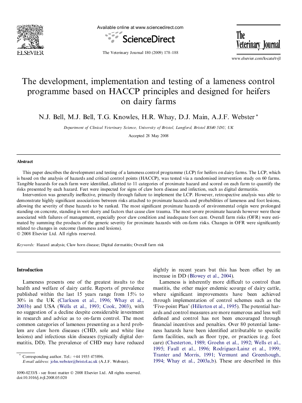 The development, implementation and testing of a lameness control programme based on HACCP principles and designed for heifers on dairy farms