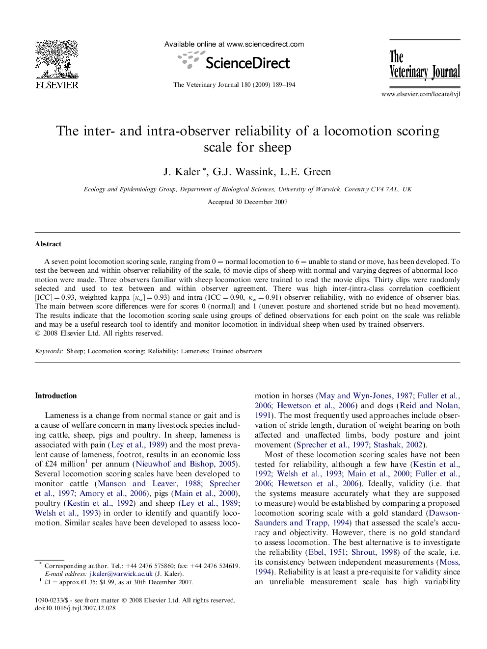 The inter- and intra-observer reliability of a locomotion scoring scale for sheep