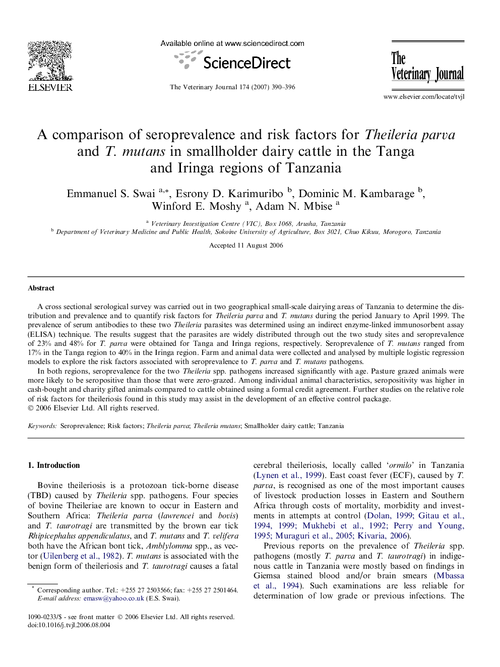 عکس صفحه اول مقاله: A comparison of seroprevalence and risk factors for Theileria parva and T. mutans in smallholder dairy cattle in the Tanga and Iringa regions of Tanzania A comparison of seroprevalence and risk factors for Theileria parva and T. mutans in smallholder dairy cattle in the Tanga and Iringa regions of Tanzania