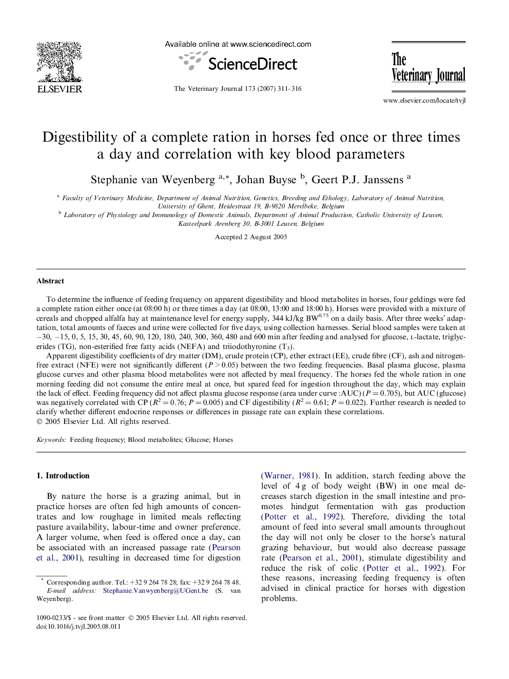 Digestibility of a complete ration in horses fed once or three times a day and correlation with key blood parameters