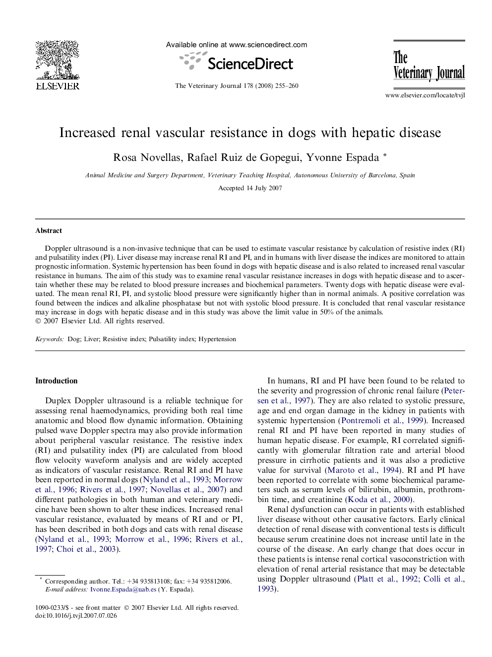 Increased renal vascular resistance in dogs with hepatic disease