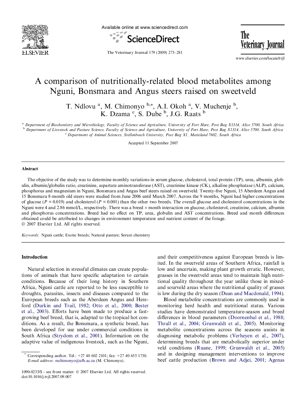 A comparison of nutritionally-related blood metabolites among Nguni, Bonsmara and Angus steers raised on sweetveld