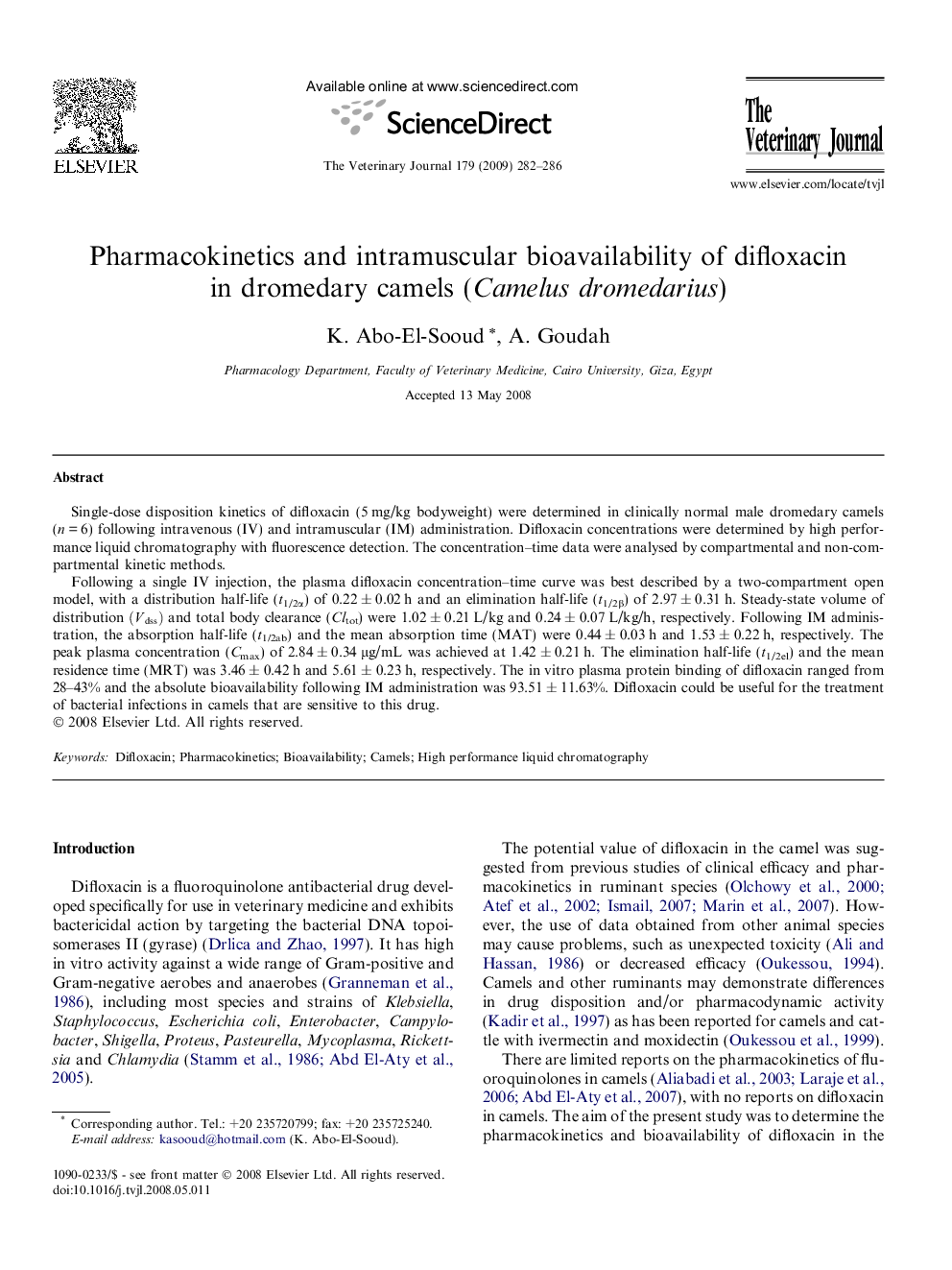 Pharmacokinetics and intramuscular bioavailability of difloxacin in dromedary camels (Camelus dromedarius)