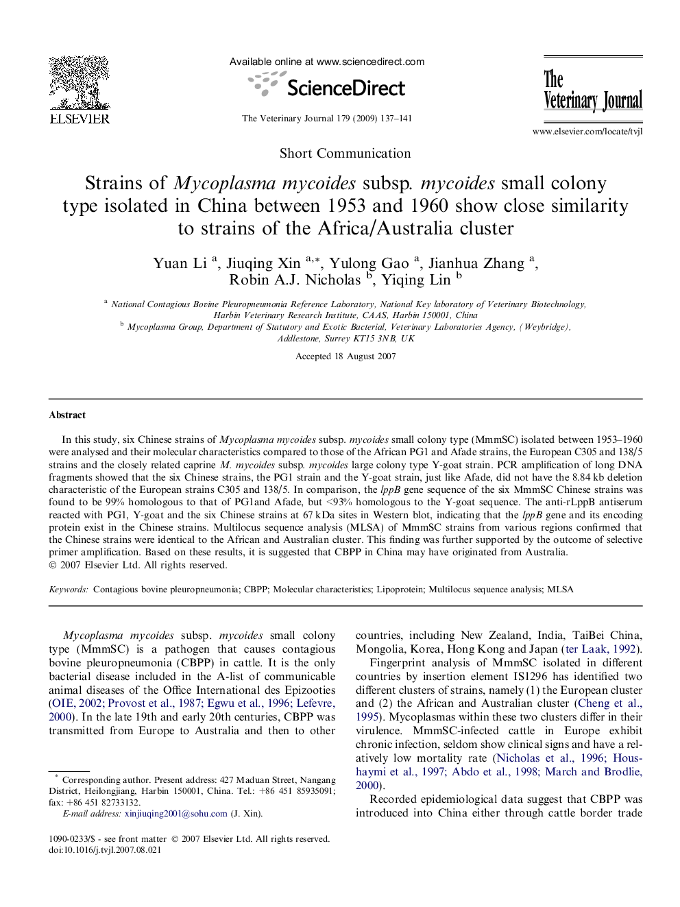 Strains of Mycoplasma mycoides subsp. mycoides small colony type isolated in China between 1953 and 1960 show close similarity to strains of the Africa/Australia cluster