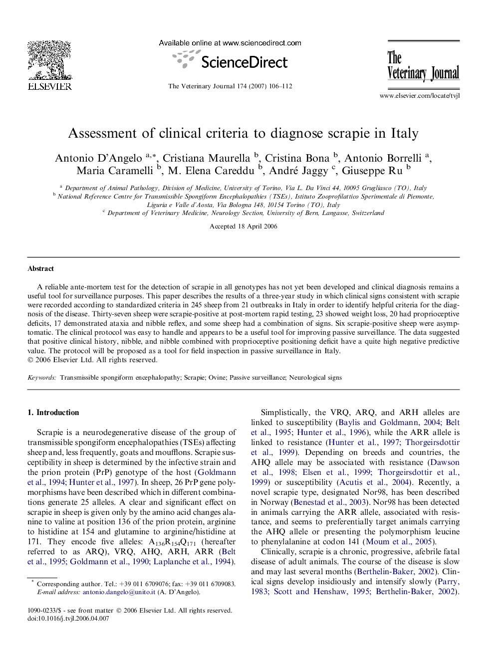 Assessment of clinical criteria to diagnose scrapie in Italy