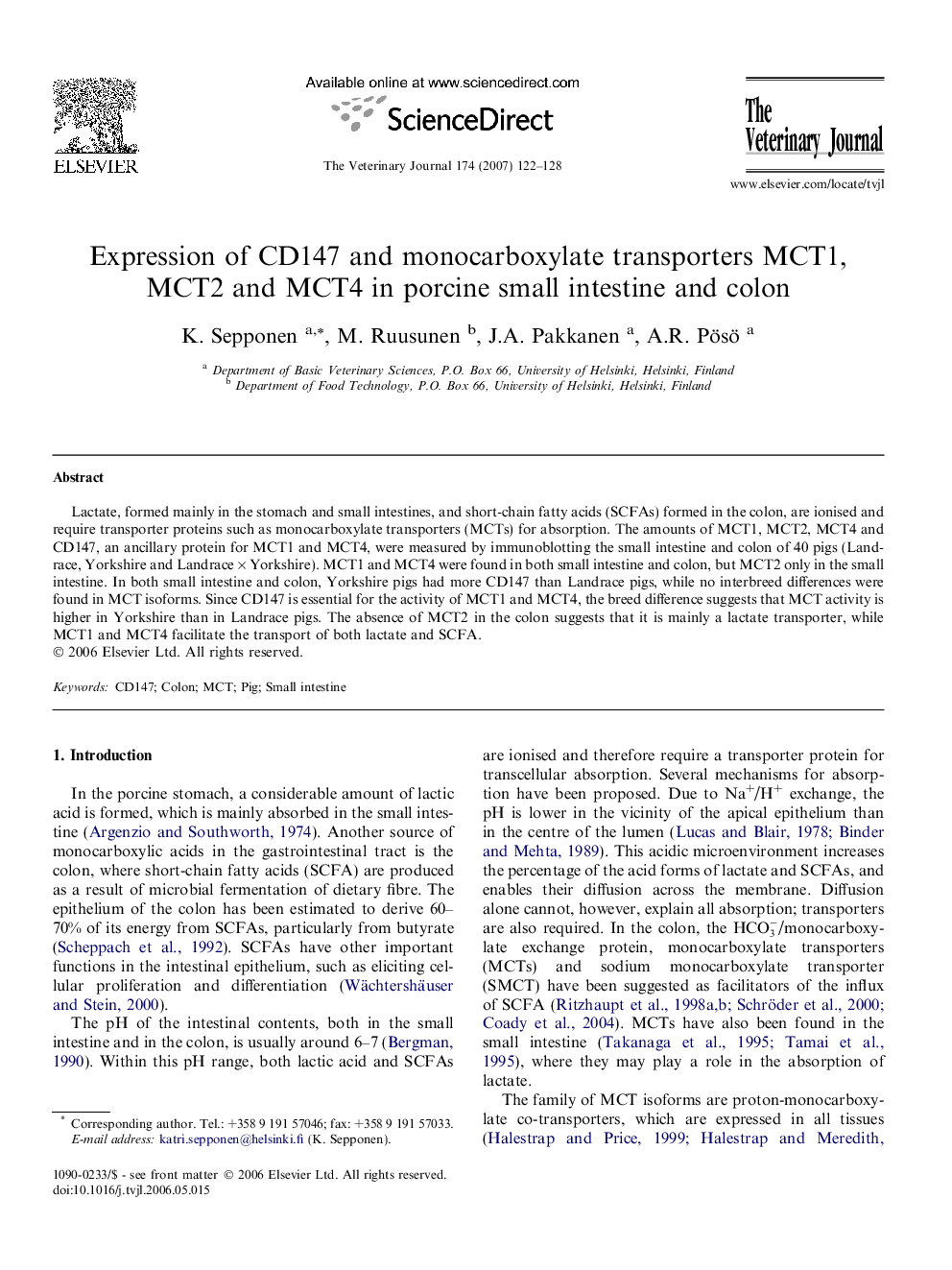 Expression of CD147 and monocarboxylate transporters MCT1, MCT2 and MCT4 in porcine small intestine and colon