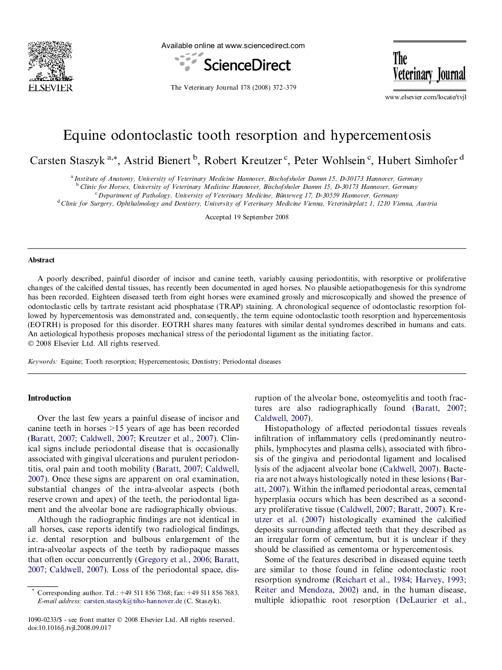 Equine odontoclastic tooth resorption and hypercementosis