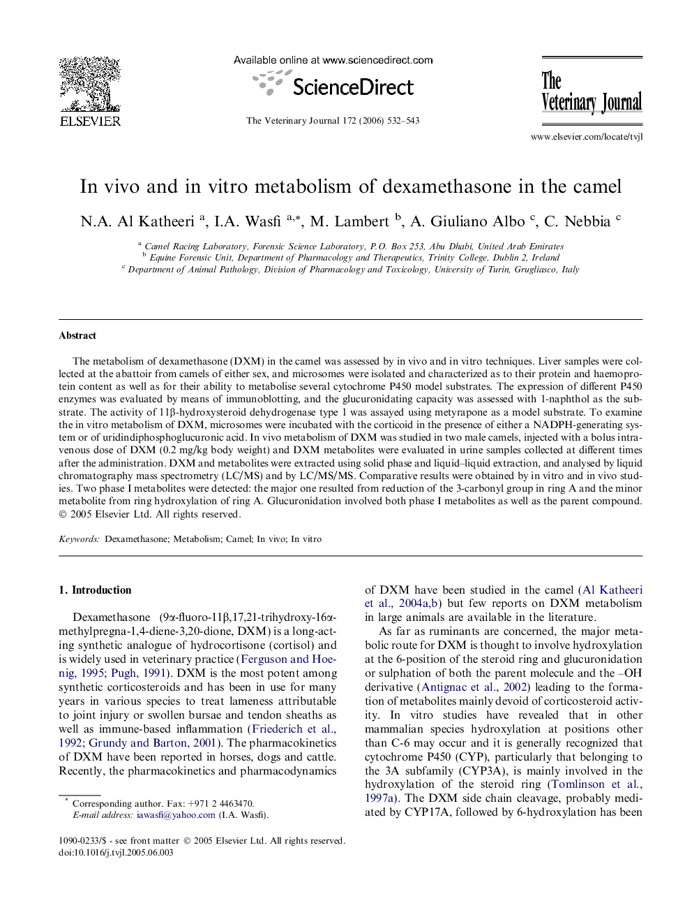 In vivo and in vitro metabolism of dexamethasone in the camel