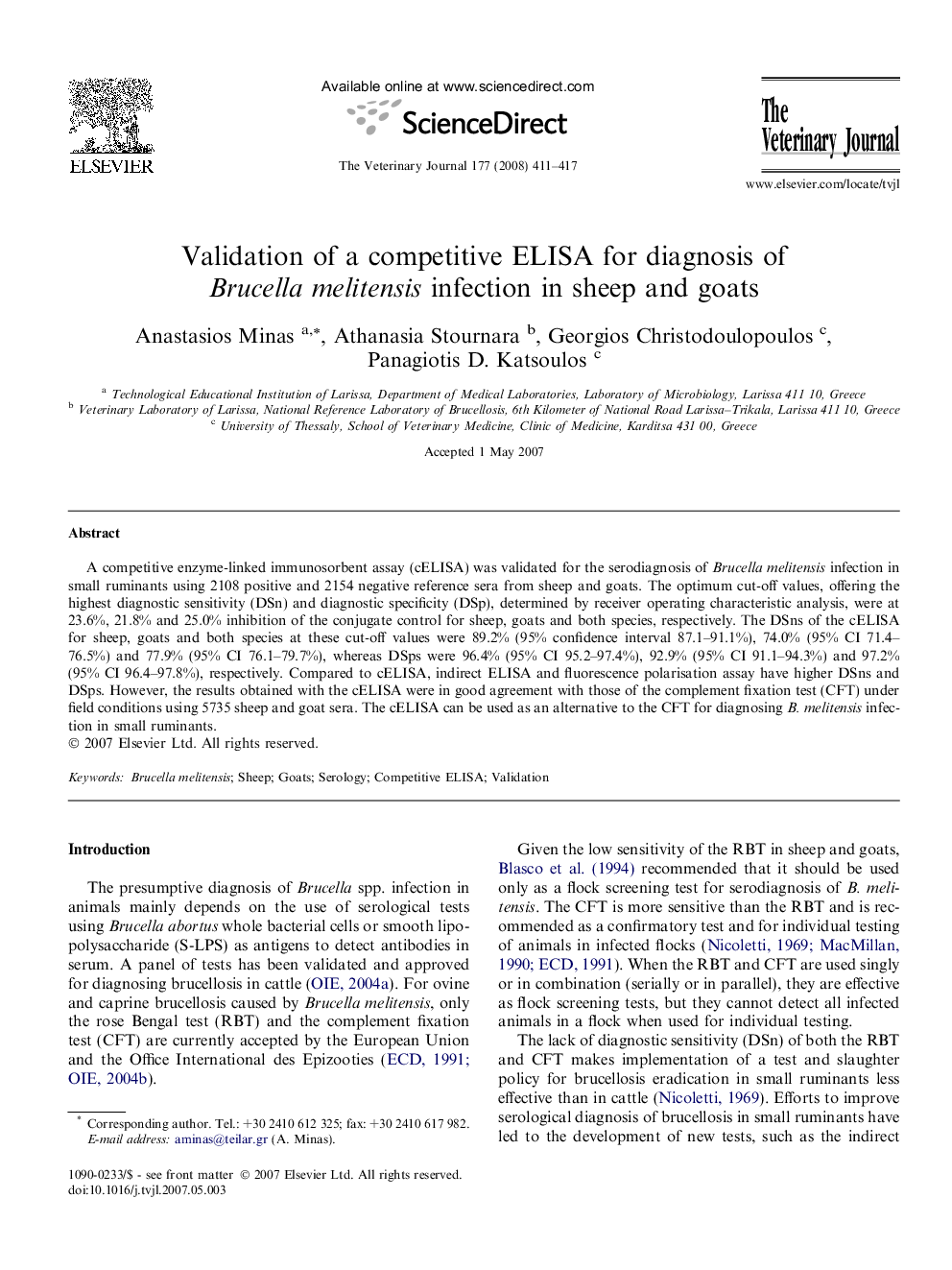 Validation of a competitive ELISA for diagnosis of Brucella melitensis infection in sheep and goats