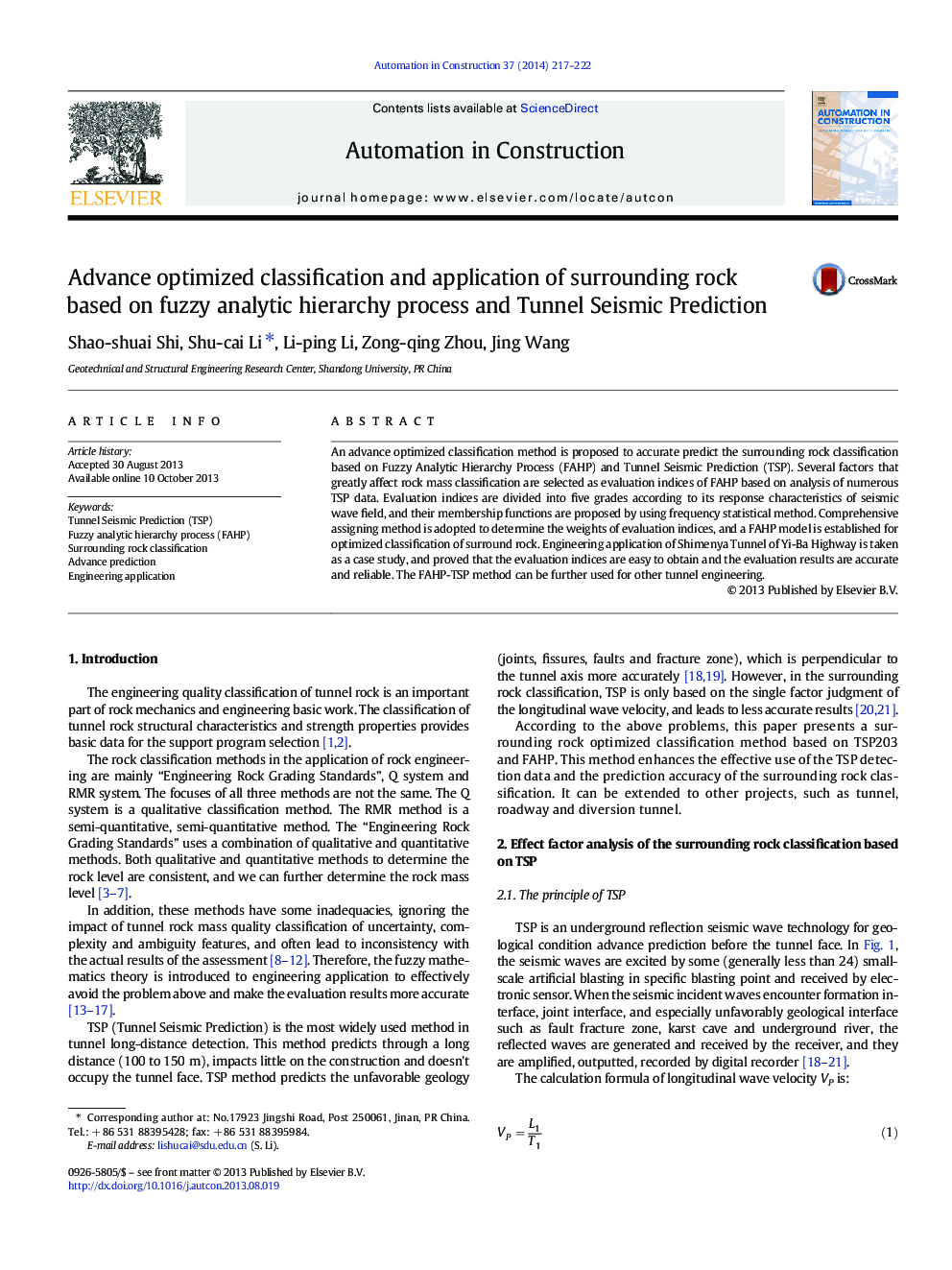 Advance optimized classification and application of surrounding rock based on fuzzy analytic hierarchy process and Tunnel Seismic Prediction