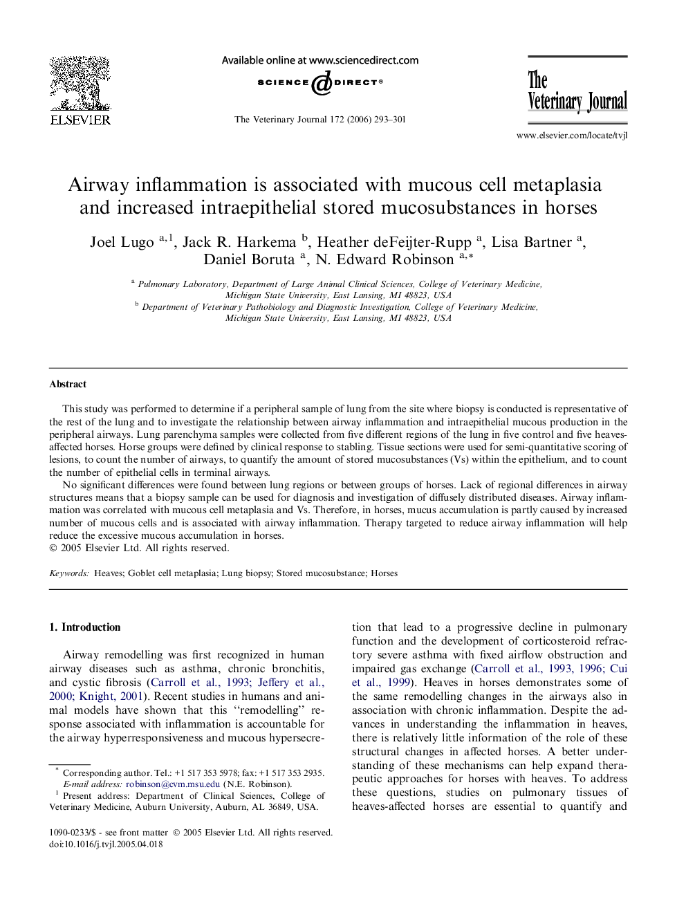 Airway inflammation is associated with mucous cell metaplasia and increased intraepithelial stored mucosubstances in horses