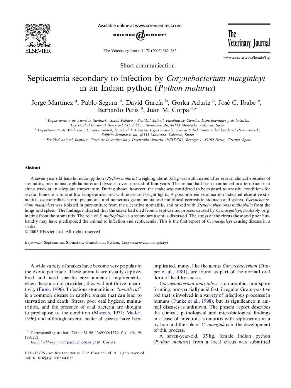 Septicaemia secondary to infection by Corynebacterium macginleyi in an Indian python (Python molurus)