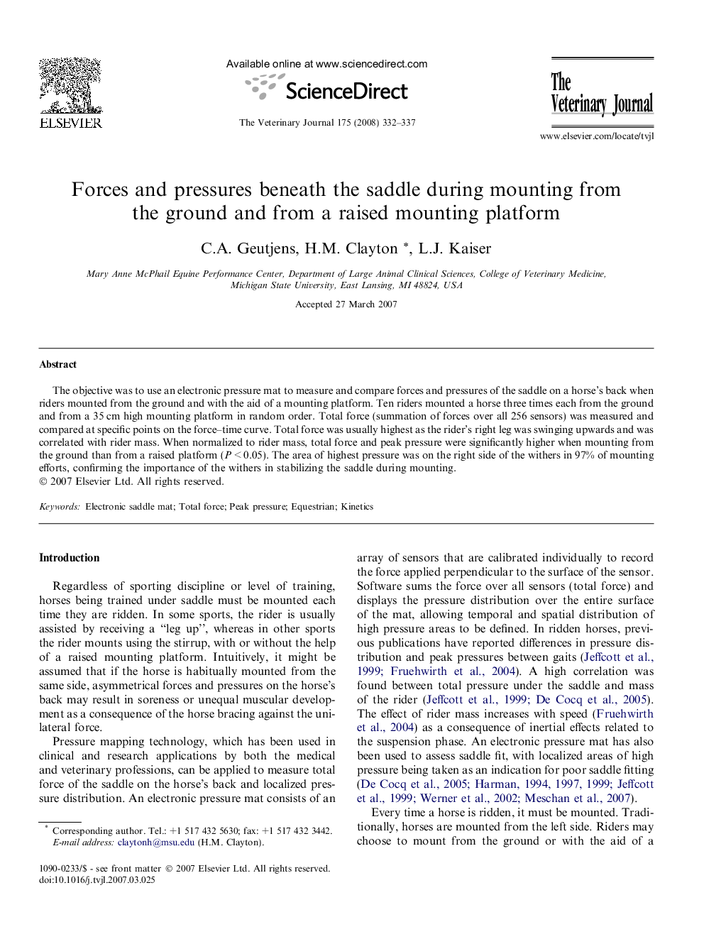 Forces and pressures beneath the saddle during mounting from the ground and from a raised mounting platform