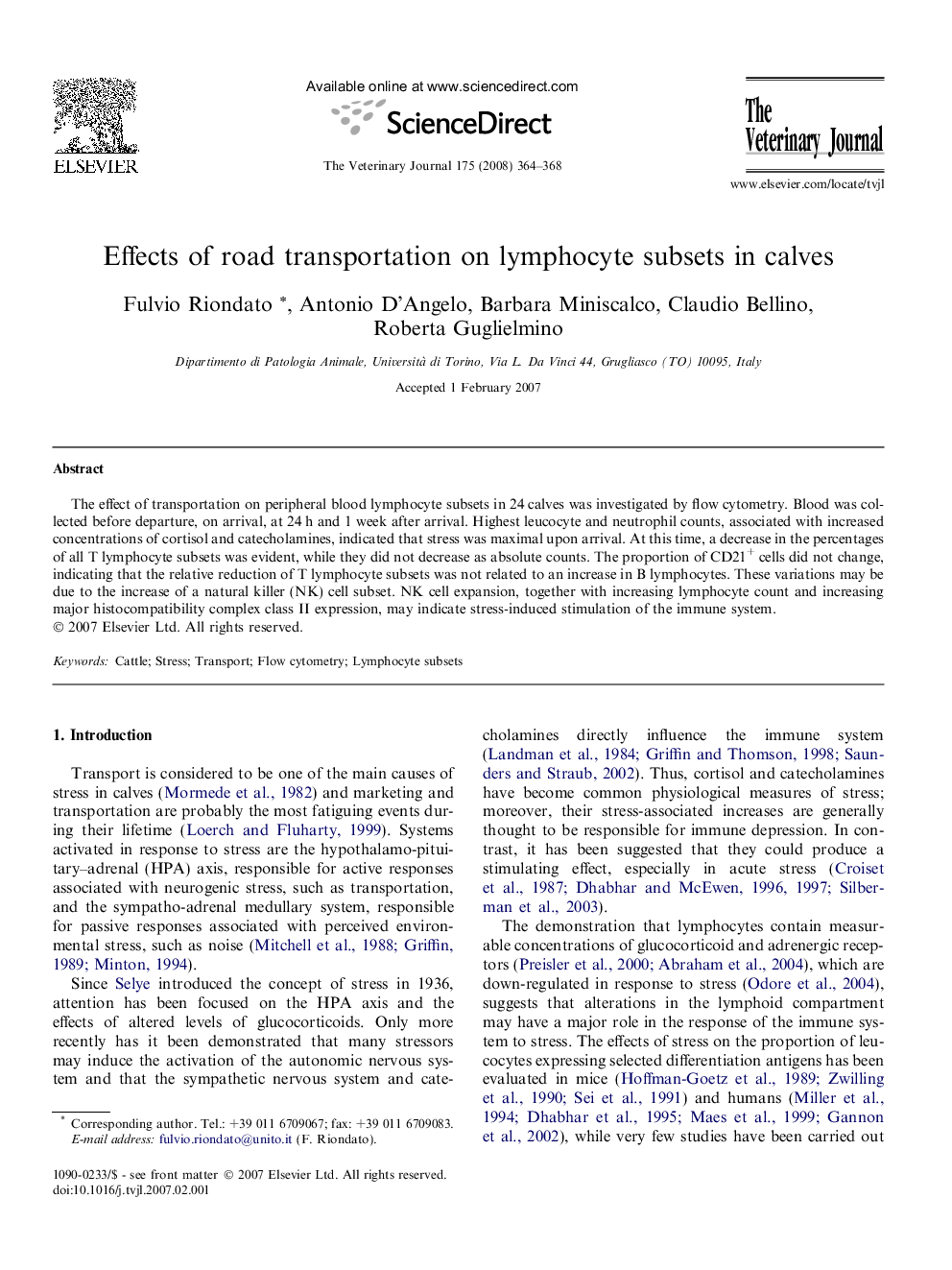 Effects of road transportation on lymphocyte subsets in calves