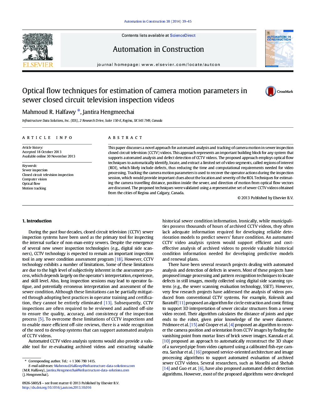 Optical flow techniques for estimation of camera motion parameters in sewer closed circuit television inspection videos