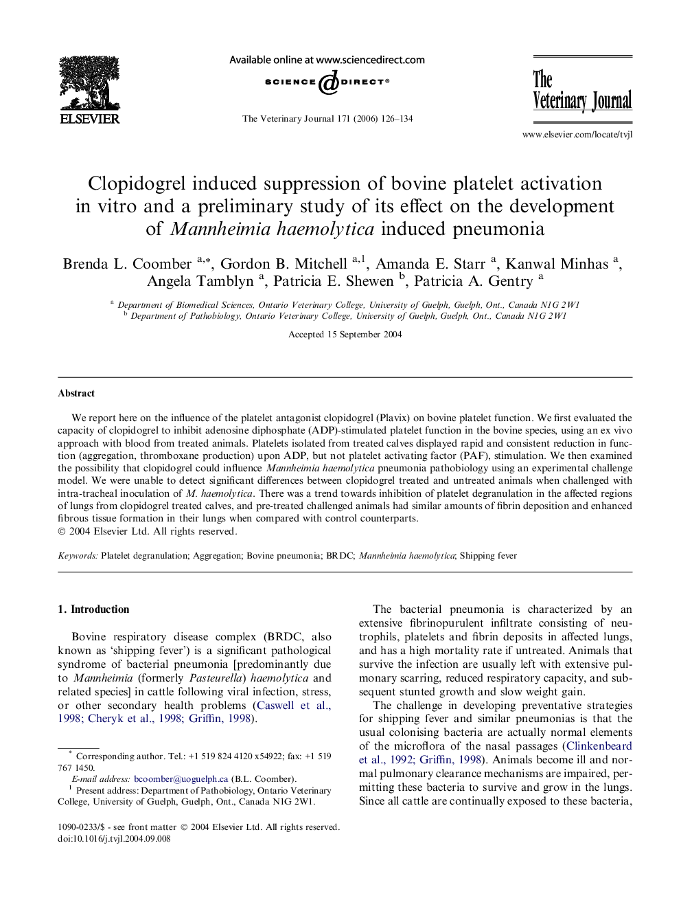 Clopidogrel induced suppression of bovine platelet activation in vitro and a preliminary study of its effect on the development of Mannheimia haemolytica induced pneumonia