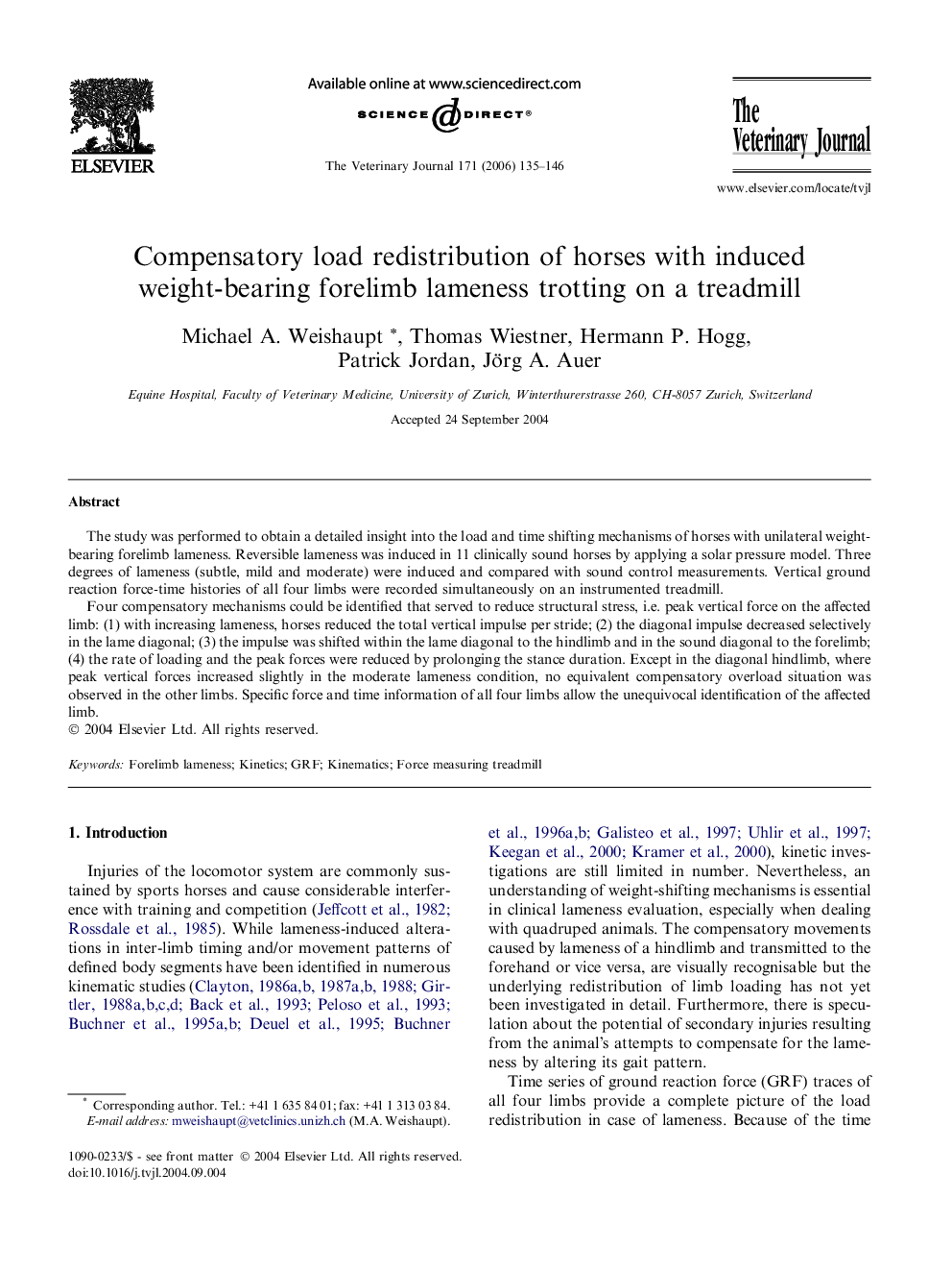 Compensatory load redistribution of horses with induced weight-bearing forelimb lameness trotting on a treadmill