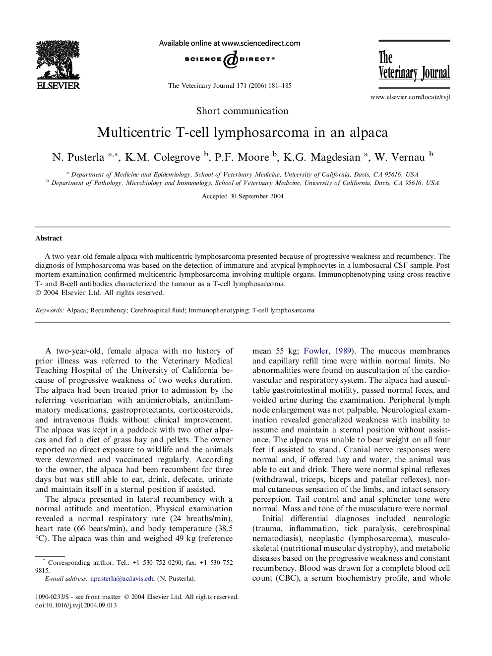 Multicentric T-cell lymphosarcoma in an alpaca