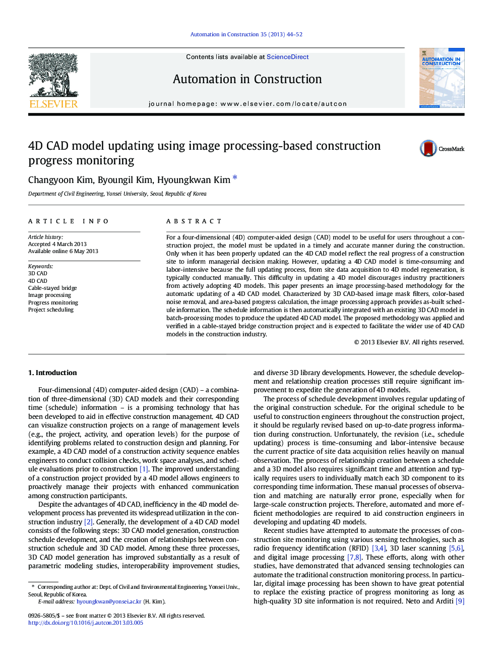 4D CAD model updating using image processing-based construction progress monitoring