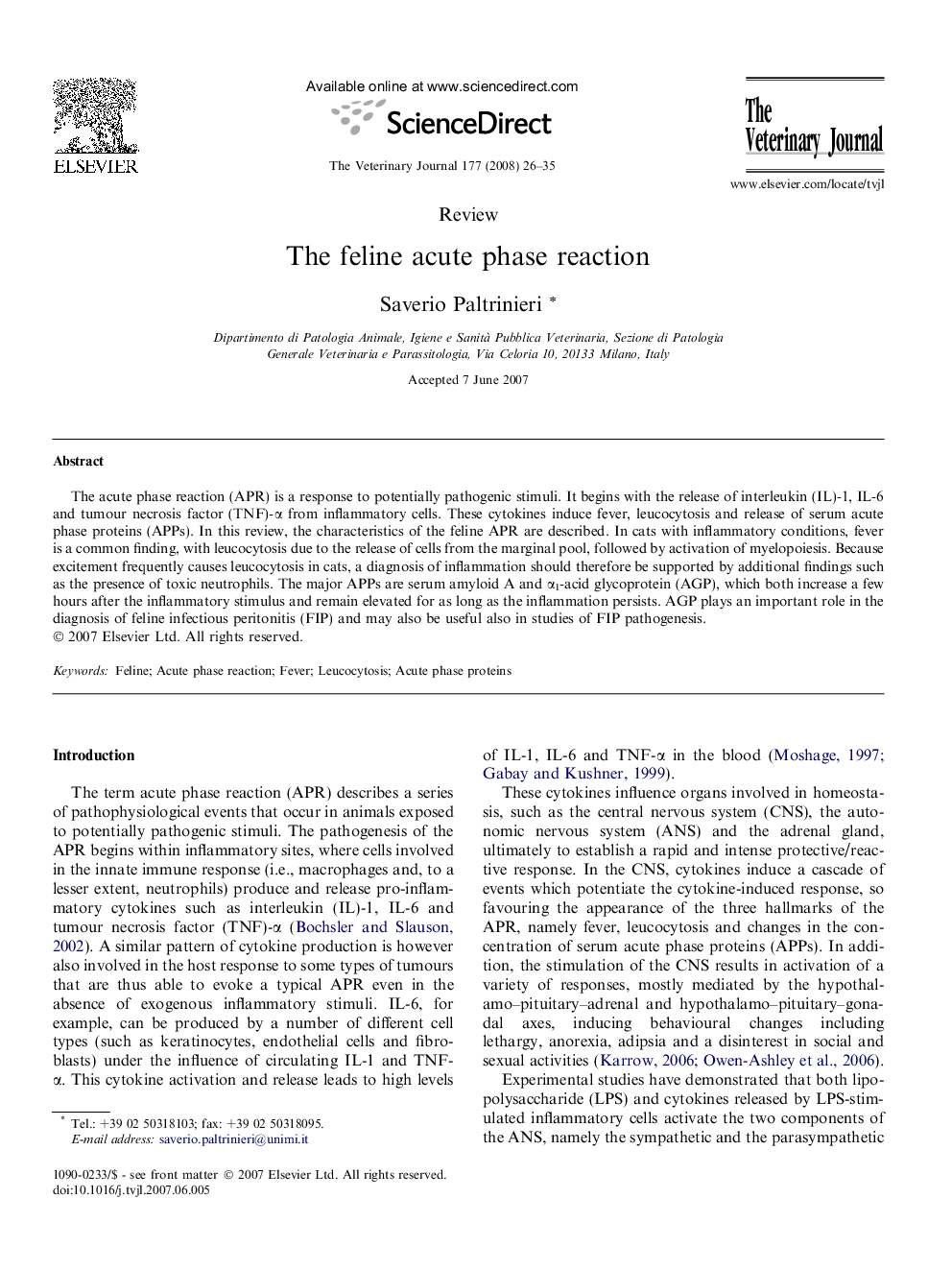 The feline acute phase reaction