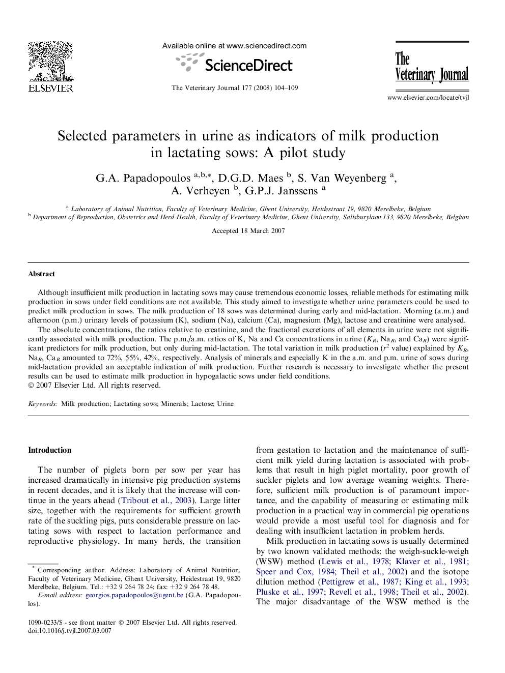 Selected parameters in urine as indicators of milk production in lactating sows: A pilot study