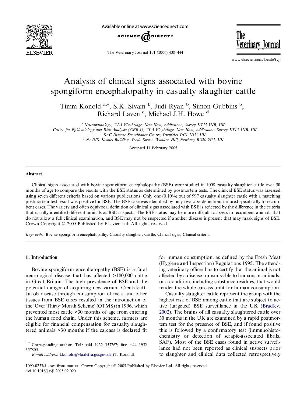 Analysis of clinical signs associated with bovine spongiform encephalopathy in casualty slaughter cattle