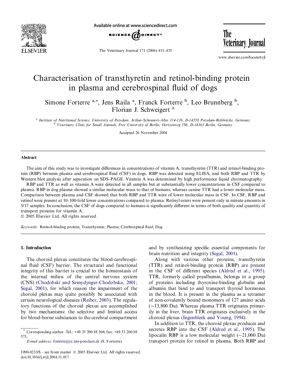 Characterisation of transthyretin and retinol-binding protein in plasma and cerebrospinal fluid of dogs