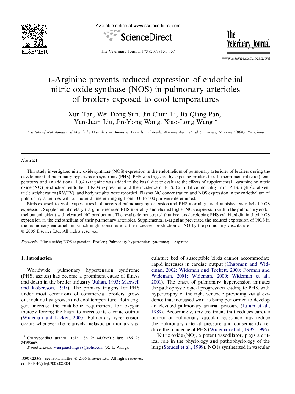 l-arginine prevents reduced expression of endothelial nitric oxide synthase (NOS) in pulmonary arterioles of broilers exposed to cool temperatures