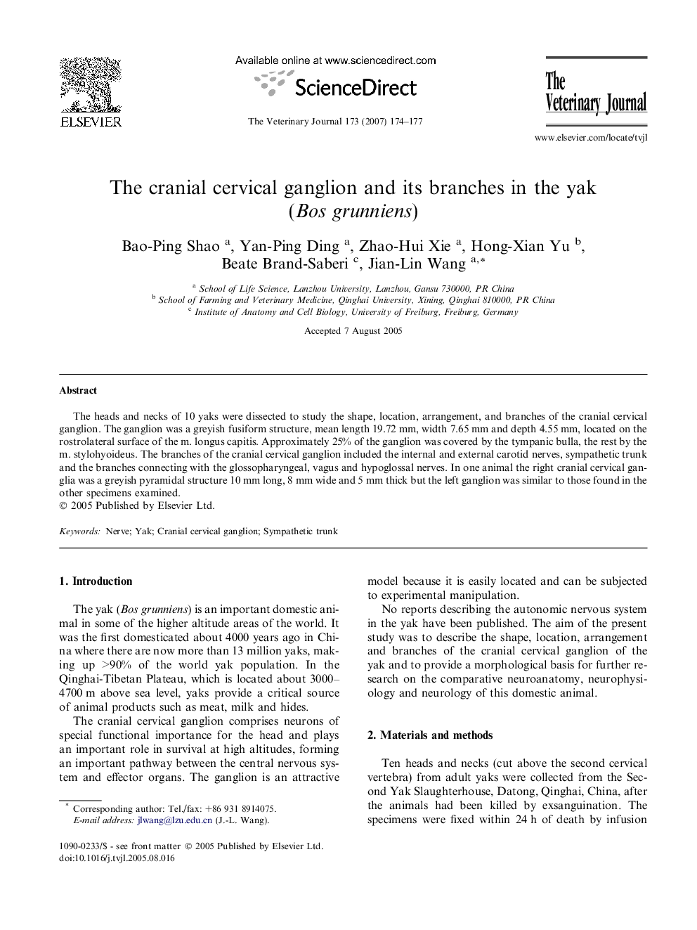 The cranial cervical ganglion and its branches in the yak (Bos grunniens)