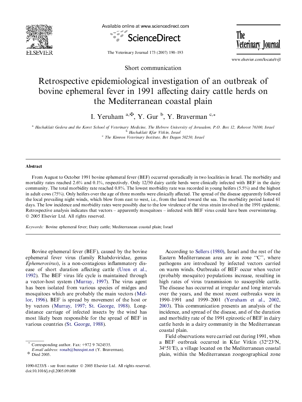 Retrospective epidemiological investigation of an outbreak of bovine ephemeral fever in 1991 affecting dairy cattle herds on the Mediterranean coastal plain