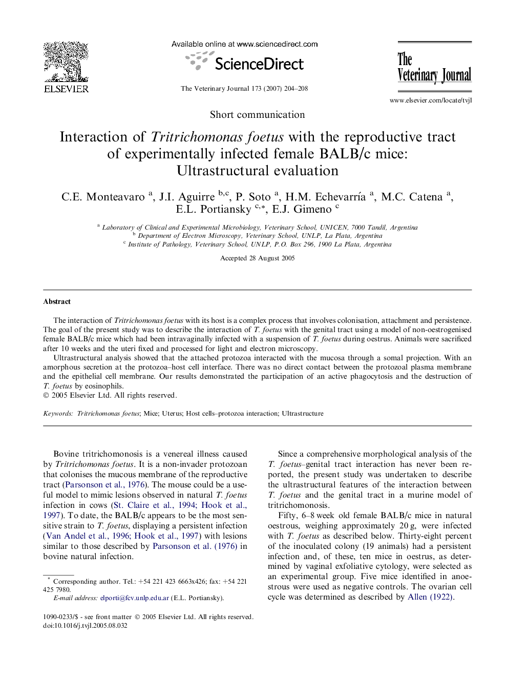 Interaction of Tritrichomonas foetus with the reproductive tract of experimentally infected female BALB/c mice: Ultrastructural evaluation