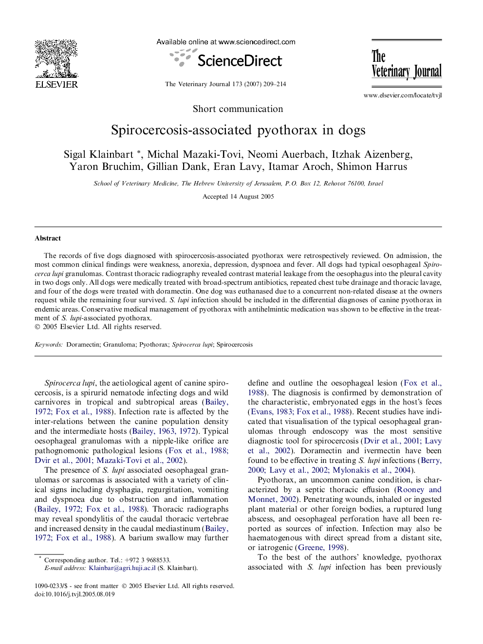 Spirocercosis-associated pyothorax in dogs