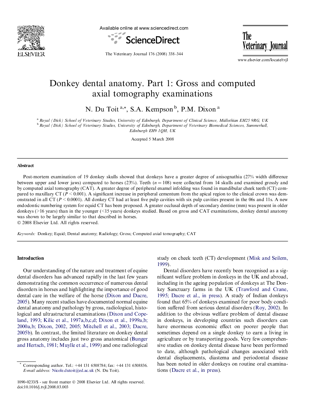 Donkey dental anatomy. Part 1: Gross and computed axial tomography examinations