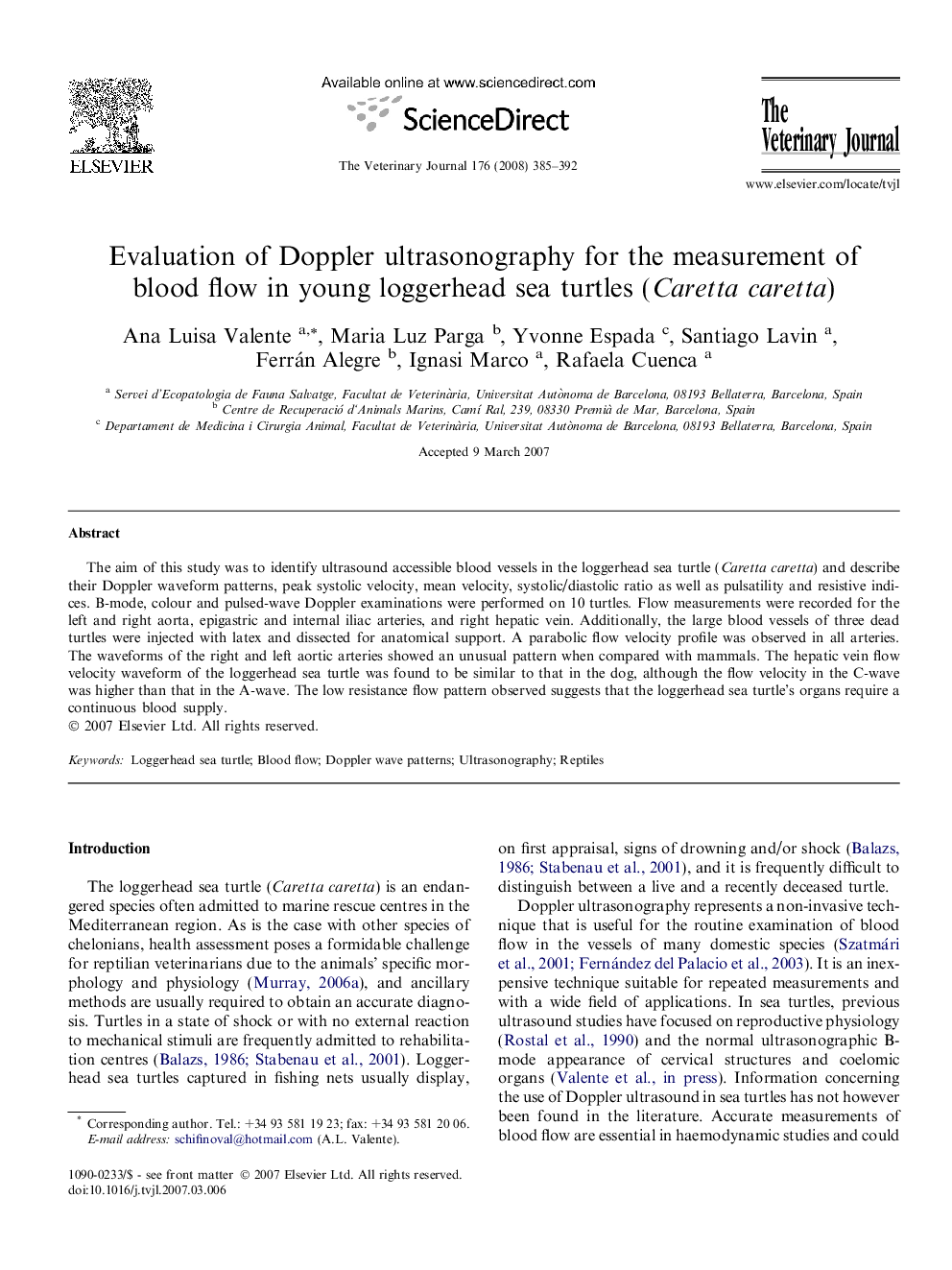 Evaluation of Doppler ultrasonography for the measurement of blood flow in young loggerhead sea turtles (Caretta caretta)